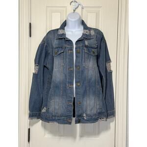 Say What? Women’s Distressed Jean Jacket Size Small Oversized Grunge Denim